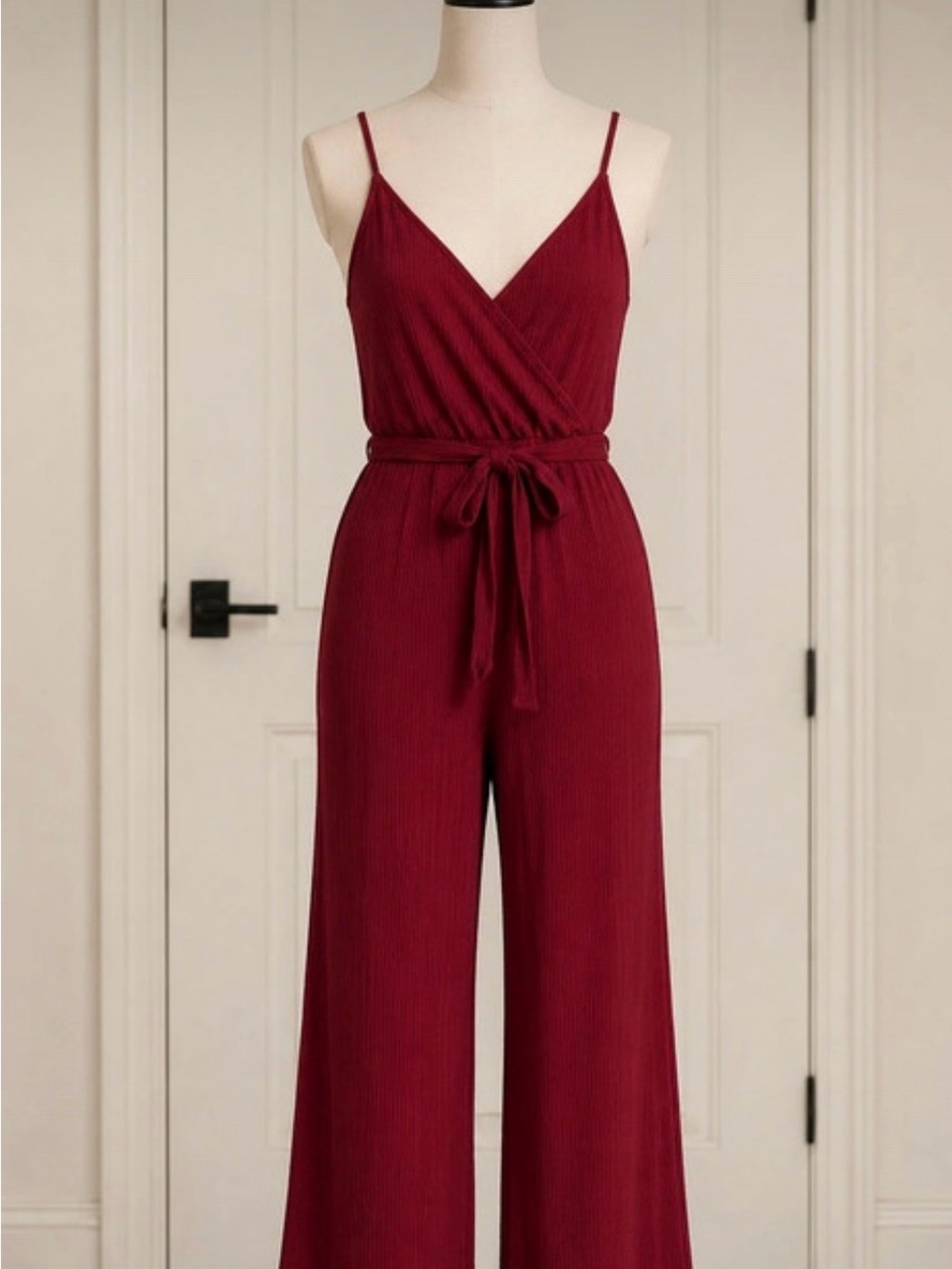 Fashion Nova Ribbed V-Neck Wide-Leg Jumpsuit in Burgundy